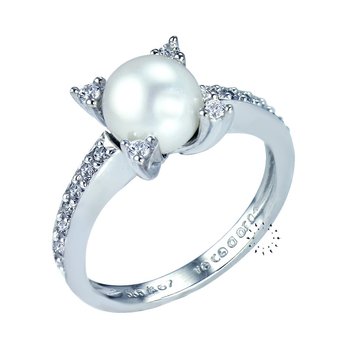 Ring 14ct White gold with Pearl and Zircon