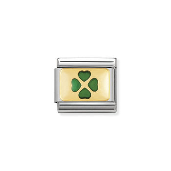 NOMINATION Link - PLATES steel , enamel and 18k gold (27_Green four-leaf-clover)