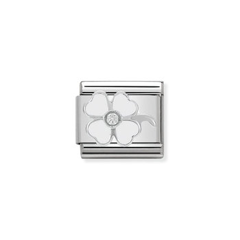 NOMINATION Link - SIMBOLS stainless steel, enamel, 1 Cub. Zirc and 925 silver WHITE clover