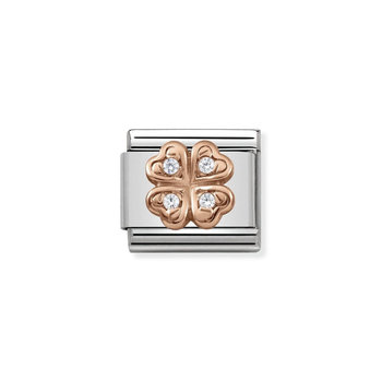 NOMINATION Link - Symbols in stainless steel with 9K rose gold and CZ Four-Leaf Clover