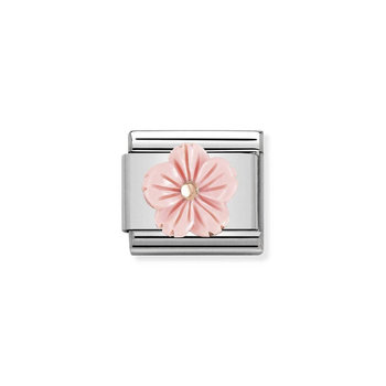 NOMINATION Link - STONE SYMBOLS in stainless steel and 375 gold Flower in ROSE CORAL