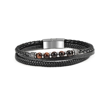 U.S.POLO Brandon Stainless Steel and Leather Bracelet with Beads