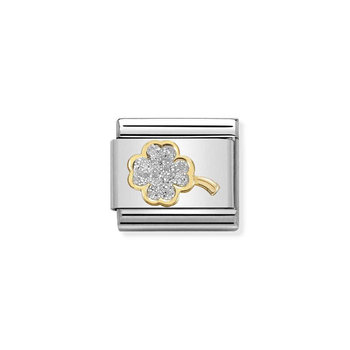 Nomination Link Glitter 4-Leaf Clover made of Stainless Steel and 18ct Gold with Enamel