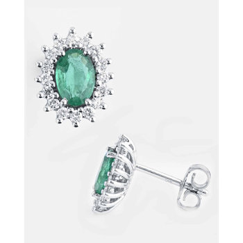 18ct White Gold Earrings with Diamonds and Emerald by Savvidis