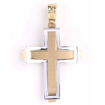 Βαπτιστικός σταυρός FaCaDoro διπλής όψης από λευκόχρυσο και χρυσό 14Κ