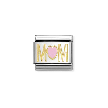 Σύνδεσμος (Link) NOMINATION 'Mom Ροζ Καρδια' από ανοξείδωτο ατσάλι και χρυσό 18K με σμάλτο