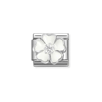 NOMINATION Link 'White Flower' made of Stainless Steel and Sterling Silver with Enamel and Zircons