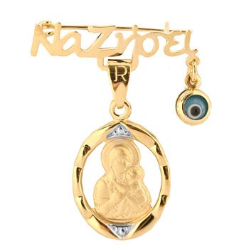 9ct Gold and White Gold Pin with Evil Eye, Wish and Virgin Mary by Ino&Ibo