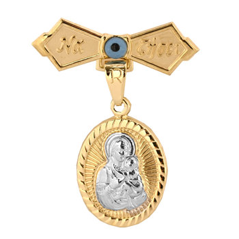 9ct Gold and White Gold Pin with Evil Eye, Wish and Virgin Mary by Ino&Ibo