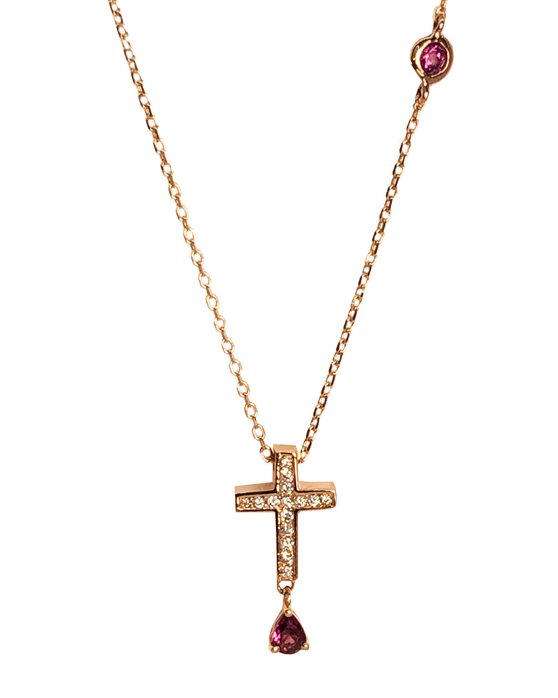 Κρεμαστό με σταυρό SAVVIDIS από ροζ χρυσό 18Κ με διαμάντια και ρουμπίνια