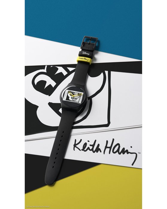 SWATCH Keith Haring Mickey Blanc sur Noir Black Silicone Strap