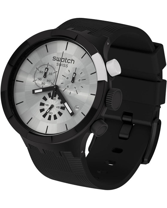 SWATCH Big Bold Chequered Silver Chronograph Black Silicone Strap