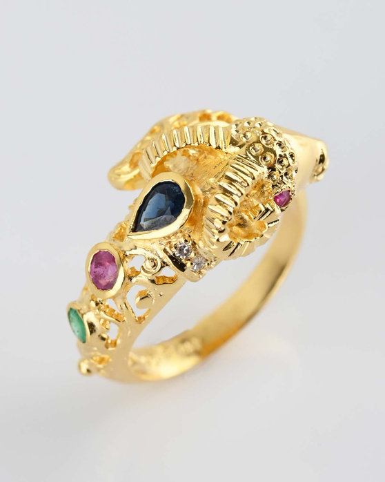 SAVVIDIS 18ct Gold Ram Ring with Diamonds, Rubies, Sapphire and Emerald (No 55)