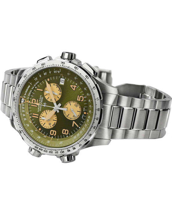 HAMILTON Khaki Aviation X-Wind GMT Dual Time Chronograph Silver Stainless Steel Bracelet