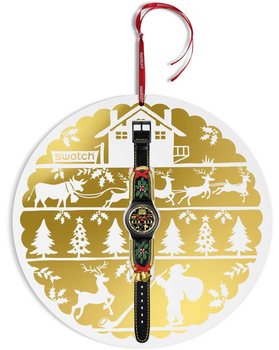 SWATCH Holiday collection Golden Merry Black Leather Strap