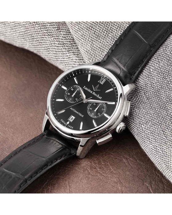 LUCIEN ROCHAT Iconic Automatic Chronograph Black Leather Strap