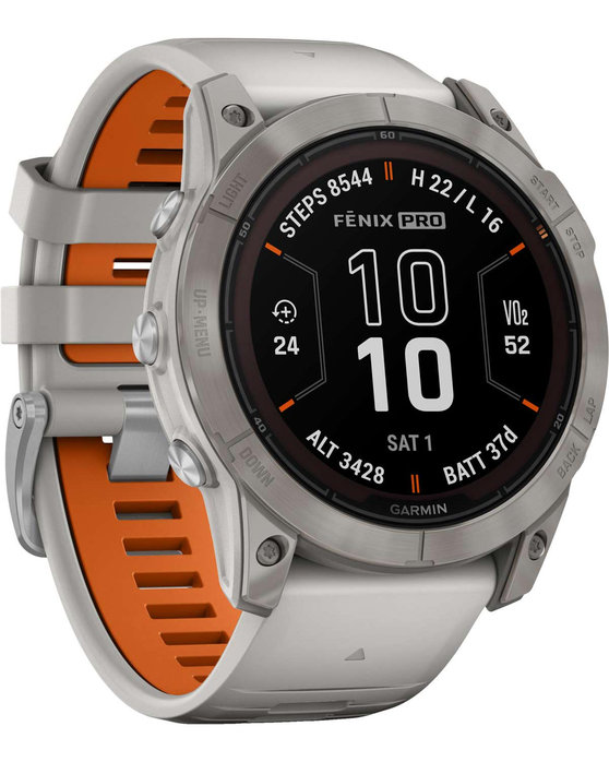 GARMIN Fenix 7X Pro Sapphire Solar Titanium with Fog Gray and Ember Orange Silicone Band