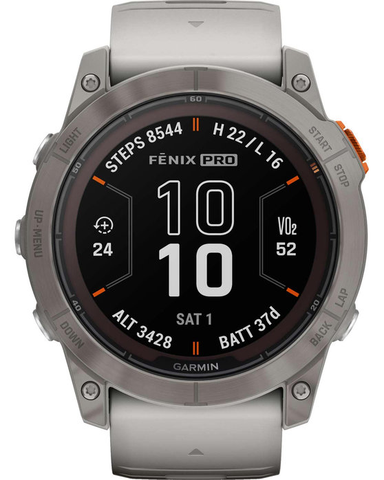 GARMIN Fenix 7X Pro Sapphire Solar Titanium with Fog Gray and Ember Orange Silicone Band