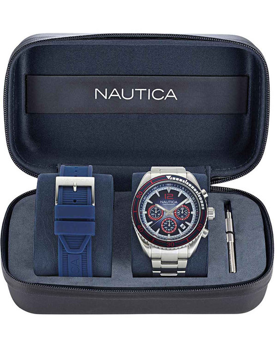 NAUTICA Key Biscayne Chronograph Silver Stainless Steel Bracelet Gift Set