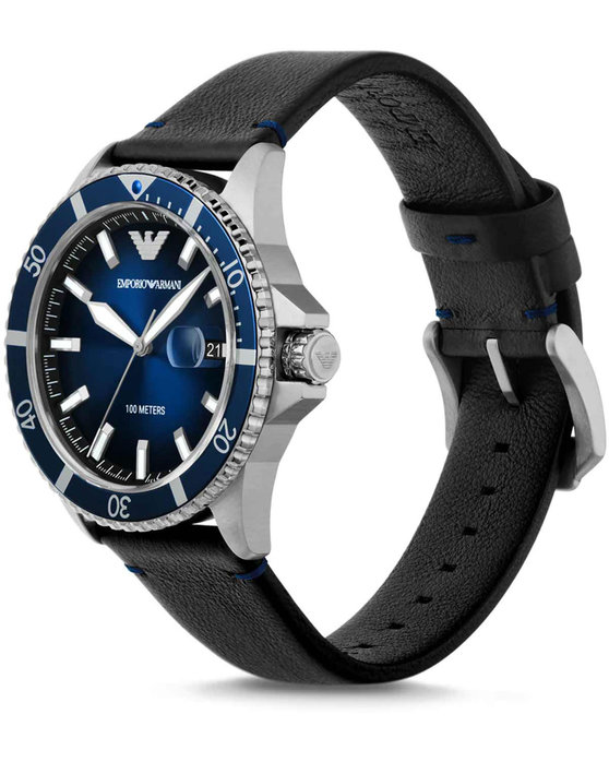 Emporio ARMANI Diver Black Leather Strap