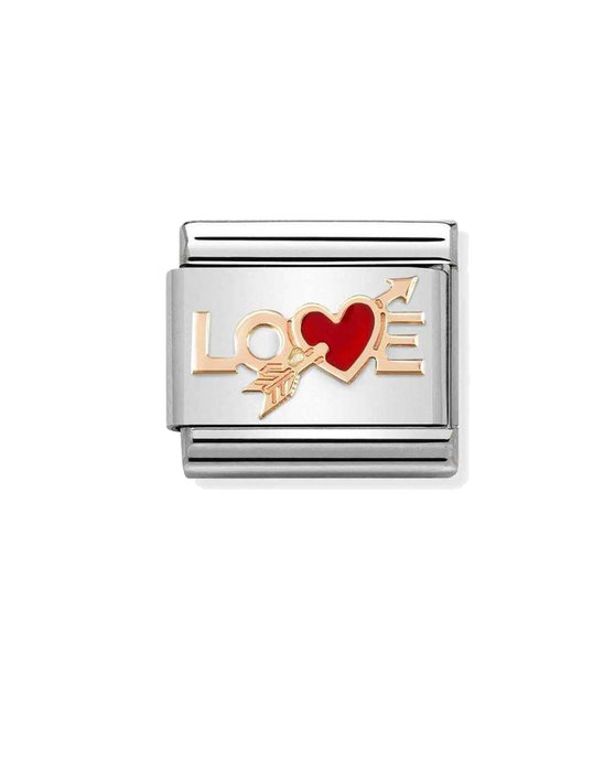 Σύνδεσμος (Link) NOMINATION Love Heart Arrow από ανοξείδωτο ατσάλι με ροζ χρυσό 9Κ και σμάλτο