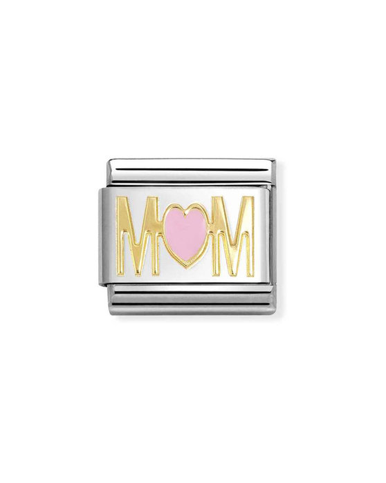 Σύνδεσμος (Link) NOMINATION 'Mom Ροζ Καρδια' από ανοξείδωτο ατσάλι και χρυσό 18K με σμάλτο