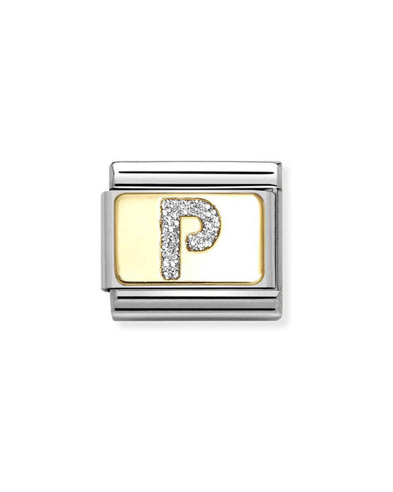 Σύνδεσμος (Link) NOMINATION 'P' από ανοξείδωτο ατσάλι και χρυσό 18K με glitter