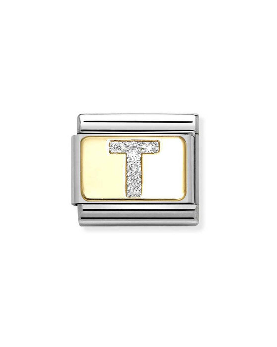 Σύνδεσμος (Link) NOMINATION 'T' από ανοξείδωτο ατσάλι και χρυσό 18K με glitter