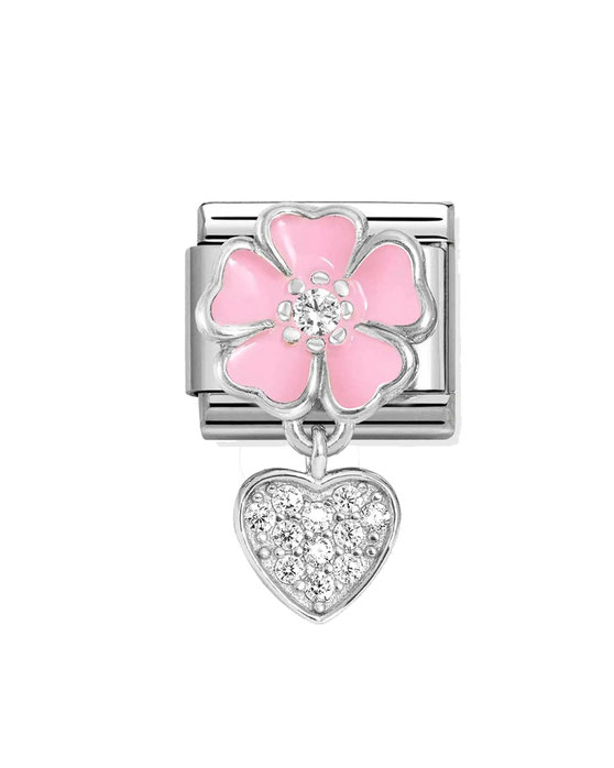 Σύνδεσμος (Link) NOMINATION 'Ροζ λουλούδι με καρδιά' από ανοξείδωτο ατσάλι και ασήμι 925 με Ζιργκόν