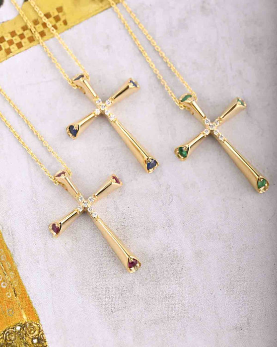 Σταυρός με αλυσίδα 14Κ Χρυσό με Διαμάντια και Ρουμπίνια FaCaDoro