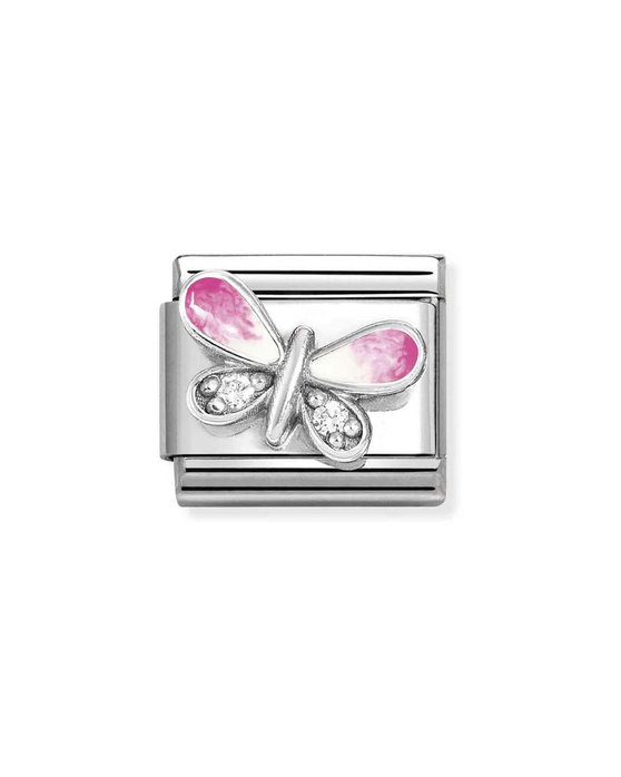 NOMINATION Link 'Pink Butterfly' made of Stainless Steel and Sterling Silver with Enamel and Zircons