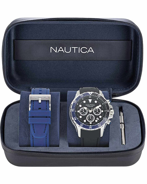 NAUTICA NST Chronograph Black Silicone Strap Gift Set