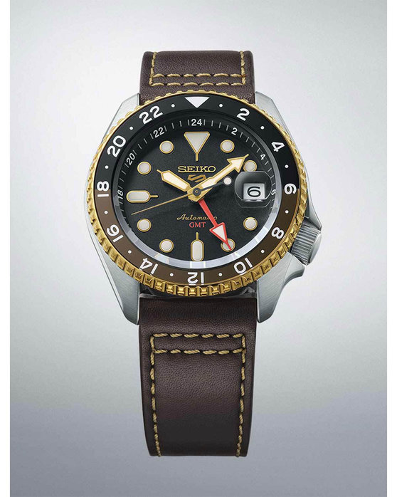 SEIKO 5 Sports SKX GMT Automatic Dual Time Brown Leather Strap