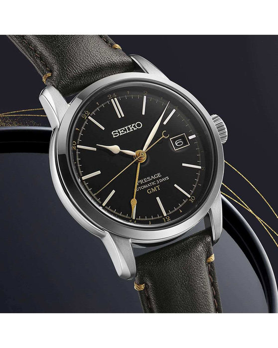 SEIKO Presage Craftsmanship Series Urushi Lacquer Dial GMT Black Leather Strap