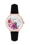 FERENDI STEEL Rose Garden Crystals Black Leather Strap