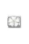 Σύνδεσμος (Link) NOMINATION 'Λευκό λουλούδι' από ανοξείδωτο ατσάλι και ασήμι 925 με ζιργκόν και σμάλτο
